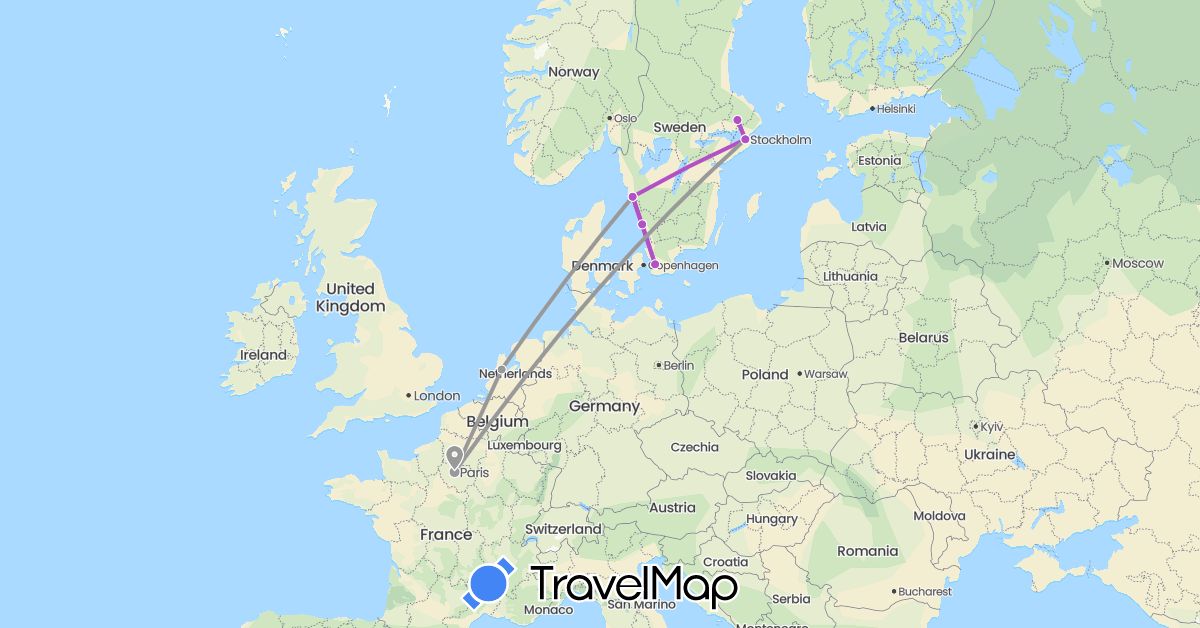 TravelMap itinerary: driving, plane, train in France, Netherlands, Sweden (Europe)
